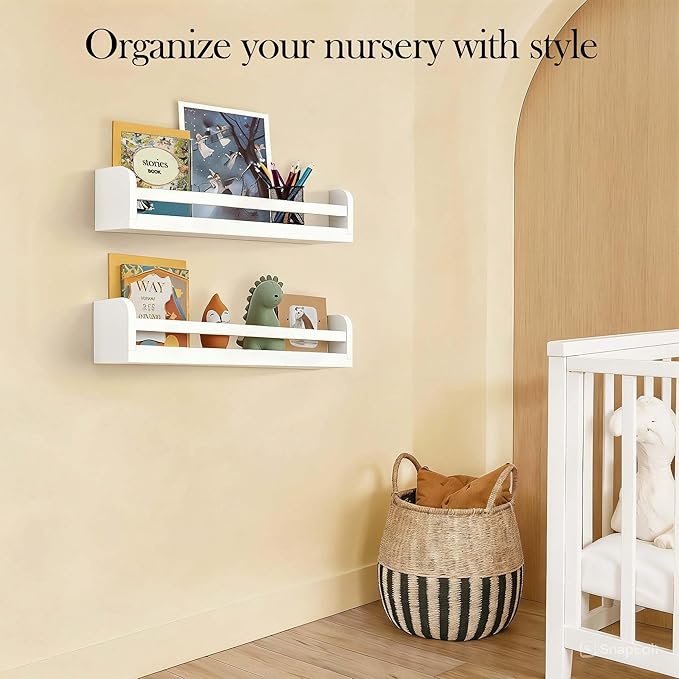 Floating Nursery Book Shelves, 16.5 inch Wall Book Shelves Kids Room, Set of 2 Baby Shelves for Nursery Décor, Ideal Wooden Nursery Shelves for Teens Kids Room, Bedroom Bathroom and Kitchen (White)