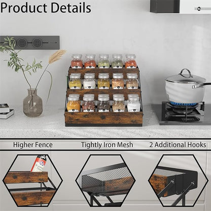 3 Tier Foldable Spice Rack Organizer for Countertop, Step Shelf with Spice Jars for Kitchen Cabinet Drawers Seasoning Rustic Wooden Spice Holder for Home, Cupboard or Door - 2PCS
