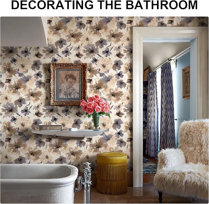 Floral Peel and Stick Wallpaper, Purple Watercolor Flower Contact Paper Peel and Stick for Bedroom Bathroom, Brown Vintage Removable Waterproof Self Adhesive Wall Paper 393"X17.3"(48.5 sq.ft)