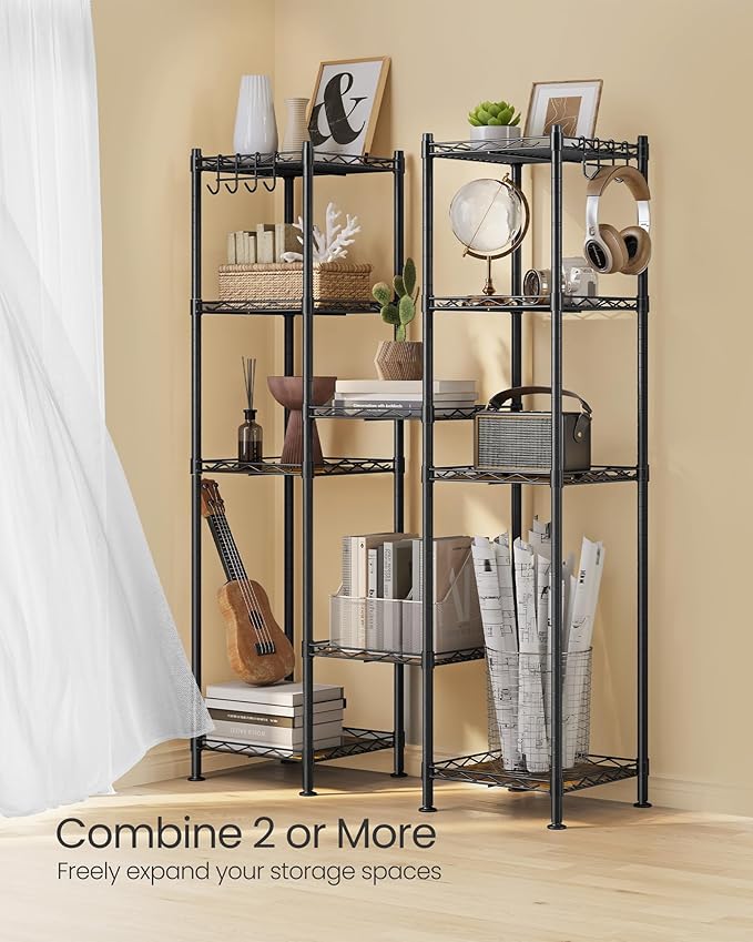SONGMICS 5-Tier Bathroom Shelf, Storage Rack for Small Space, with 5 PP Shelf Liners, Removable Hook, Extendable Design, Ink Black and Rustic Brown ULGR023B02