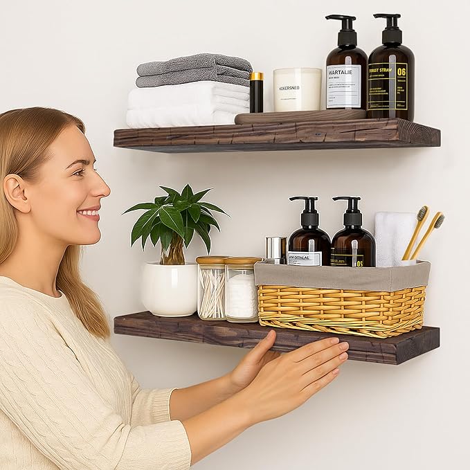 BGMG Floating Shelves 24 inch Long, Distressed Rustic Wooden Wall Shelves for Bathroom Living Room Bedroom Kitchen Farmhouse Set of 2-24x6.7x1.25 inch-Distressed Walnut