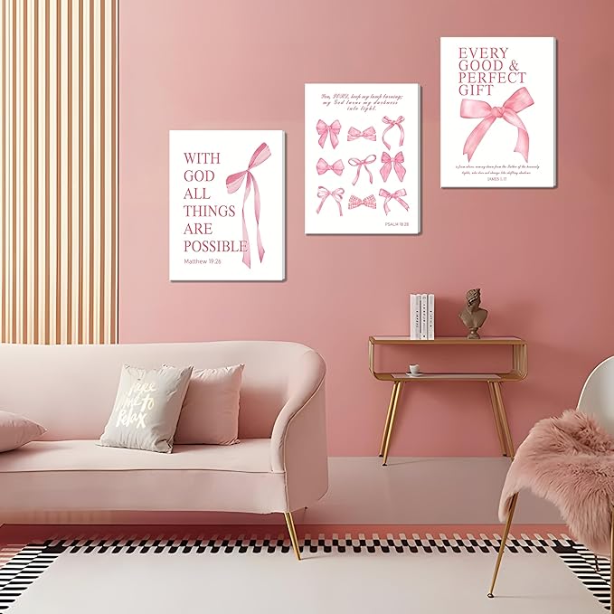 Pink Bow Canvas Wall Art Set of 3, Pink Coquette Dorm Room Wall Decor Paintings, Inspirational Scripture Verses Bows Posters Prints Pictures for Girls Dorm Room Bathroom Bedroom 12x16 Inch Framed
