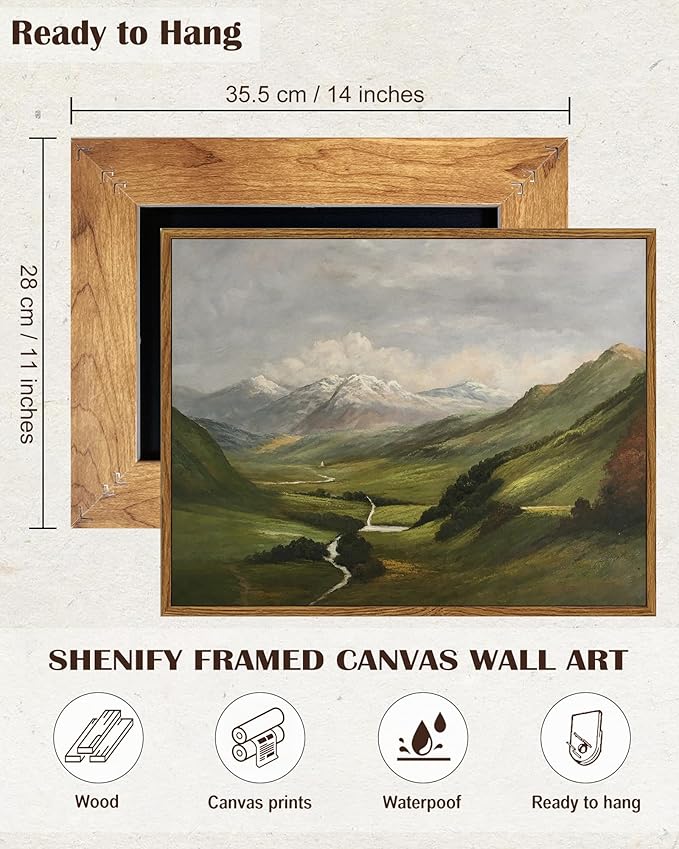 SHENIFY Landscape Vintage Framed Canvas Wall Art Classical Mountain Range Valley Prints Farmhouse Bathroom Office Decor - 11x14in Natural Framed