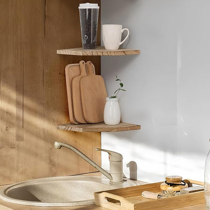 Joiishom Wood Corner Wall Shelves Set of 2, Solid Wood Corner Floating Shelves, Round End Wall Mounted Floating Corner Shelf for Bedroom, Living Room and Kitchen. (Carbonized-12 inch)