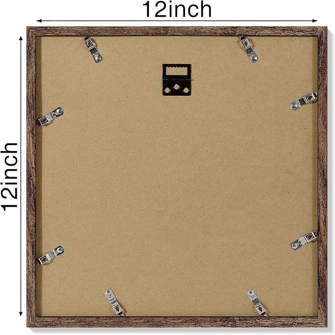 Vittanly 12x12 Picture Frames Set of 4, Display Pictures 8x8 with Mat or 12x12 without Mat, Gallery Frame for Wall Display, Engineered Wood with Shatter Resistant Plexiglass, Rustic Brown