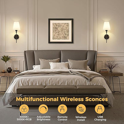 DORESshop Battery Operated Wall Sconce Set of 2, Wall Light Wireless Easy to Install, Dimmable and Adjustable Sconces Wall Decor, Rechargeable Wall Lamp for Bedroom, Living Room, Black 18.7in