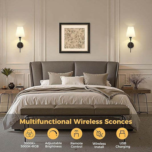 DORESshop Battery Operated Wall Sconce Set of 2, Wall Light Wireless Easy to Install, Dimmable and Adjustable Sconces Wall Decor, Rechargeable Wall Lamp for Bedroom, Living Room, Black 18.7in