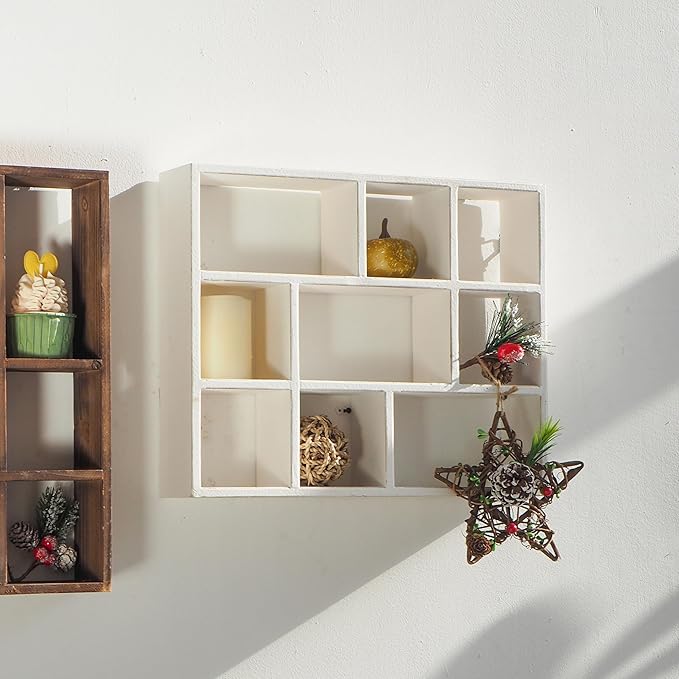 SOFE Small White Shadow Box with Shelves, Wall Shelving Unit 9-Compartments, Freestanding or Wall Mounted Curio Cabinet, Knick Knack Display Shelf, Wood Floating Cube Shelves for Walls, Collectibles