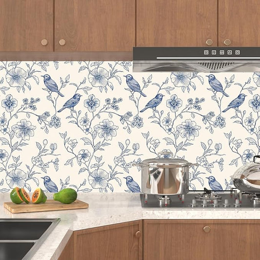 Beige Wallpaper Peel and Stick Blue Floral Bird Vintage Contact Paper 17.5" x 118" Boho Animal Self Adhesive Waterproof Removable for Bathroom Shelves Cabinet Drawer Table Decor Renter Friendly