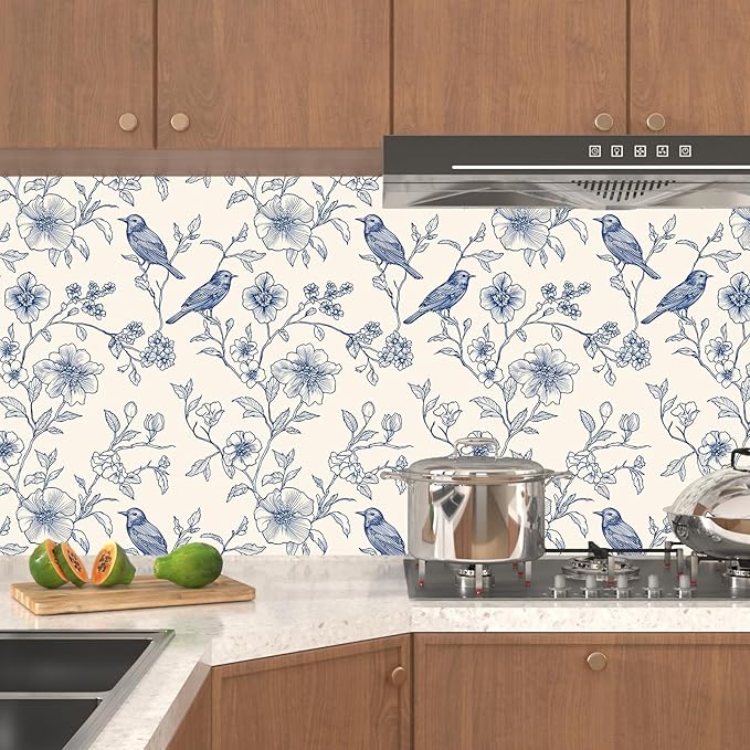 Beige Wallpaper Peel and Stick Blue Floral Bird Vintage Contact Paper 17.5