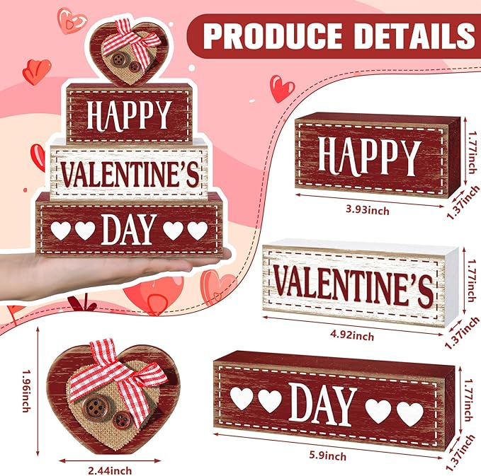 Marsui 4 Pcs Valentine's Day Wooden Signs Heart Truck Table Decor Rustic Distressed Valentines Centerpieces Blocks Farmhouse Tiered Tray Decor Valentine Day Decorations for Home Desk Shelf(Heart)