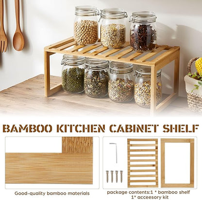 2 Pcs Kitchen Cabinet Organizer Bamboo Bookshelf Bamboo Kitchen Shelves, Cabinet Shelf Organizer, Storage Shelves for Pantry Bathroom Dining Room Study Laundry