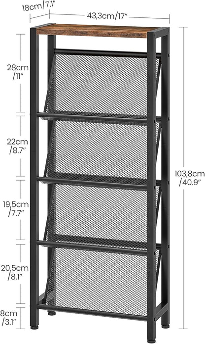 Shoe Rack, 5-Tier Slanted Shoe Rack, Narrow Shoe Storage Shelf, Slim Shoe Organizer for Entryway, Space-Saving, Wooden Top and Metal Frame, for Entryway, Hallway Rustic Brown and Black TXJ03BF