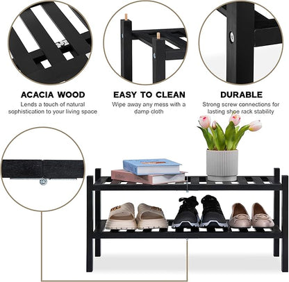 2-Tier Acacia Wood Shoe Rack - Stackable Entryway Organizer for Closet, Entryway, Easy Assembly, Indoor/Outdoor Storage Stand (Black)