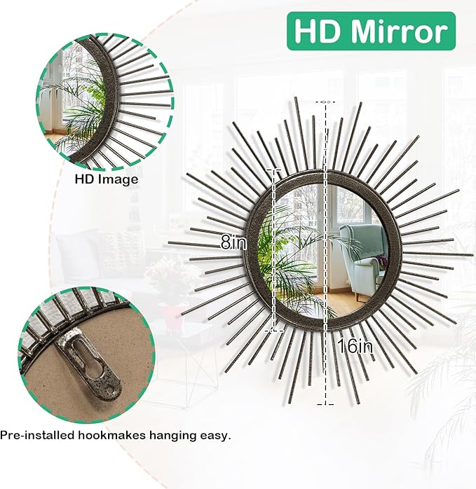 Large Spoked Sunburst Wall Mirror Boho Home Decor Round Wall Art Mirror Modern Metal Mirrors for Wall Living Room Vanity Bathroom Bedroom Hallway Balcony Entryway 16