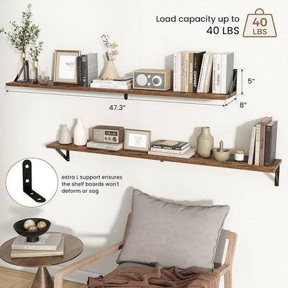 Axeman 48 Inch Floating Shelves | 8 Inch Deep Brown Wall Shelves Set of 2 | 47.3" W x 8" D Rustic Brown Wood Shelves for Bathroom Kitchen Living Room