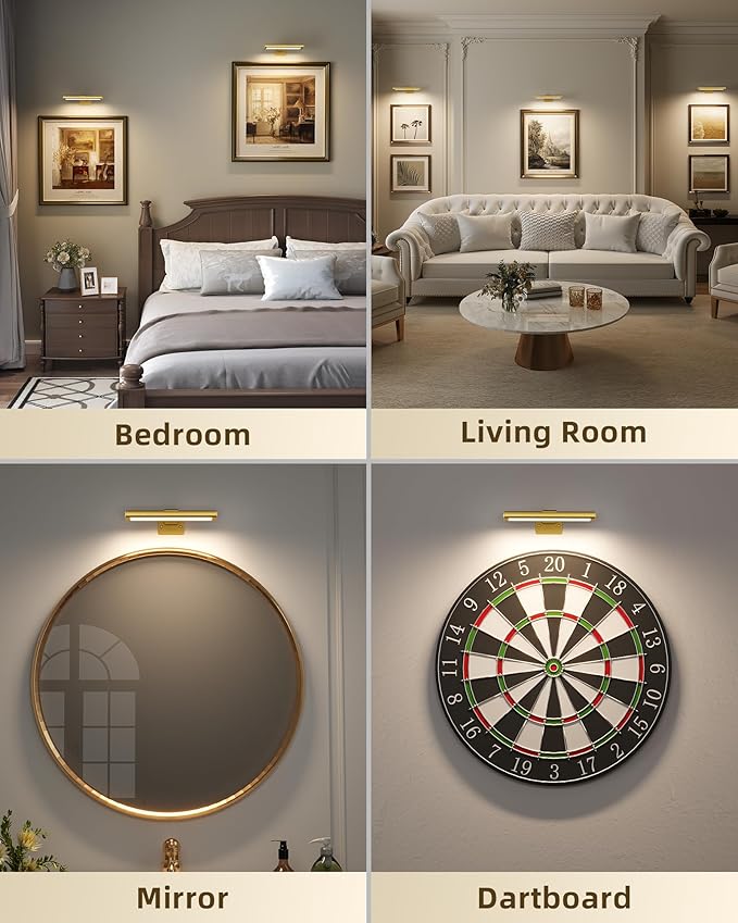 EZVALO Picture Light for Wall, Rechargeable 2400mAh Battery Lights Wireless Remote, 3 Color & Dimmable Magnetic 7.87'' LED Lights Display for Painting, Living Room, Gallery, Bedroom(Gold-2P)