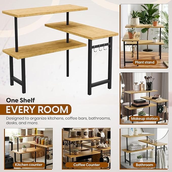 3-Tier Bamboo Corner Countertop Organizer with Extended Top Tier – Kitchen Counter Shelf for Small Spaces, Coffee Bar Organizer, Spice Rack, Bathroom Counter Storage, Space Saver