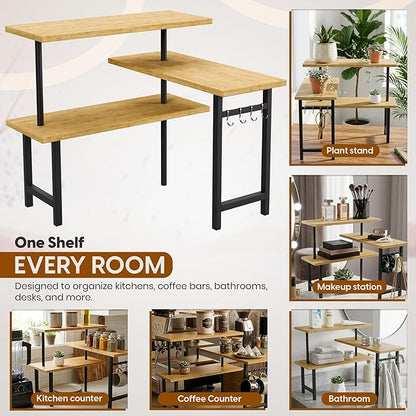 3-Tier Bamboo Corner Countertop Organizer with Extended Top Tier – Kitchen Counter Shelf for Small Spaces, Coffee Bar Organizer, Spice Rack, Bathroom Counter Storage, Space Saver