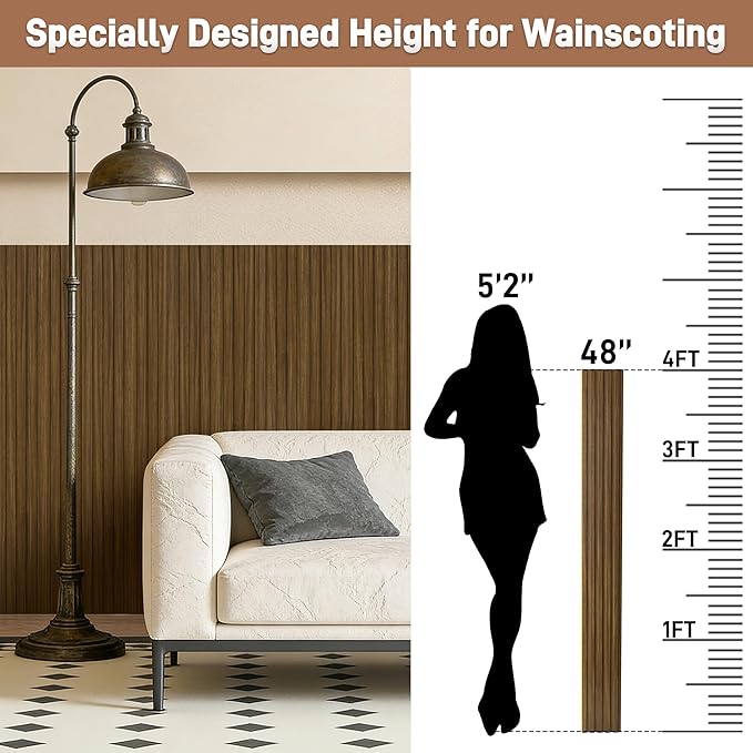 WPC Wainscoting Panels, 16 Packs 48 x 6 Inch 3D Wall Panels for Interior Wall Decor, Living Room, Bedroom, TV Background, Accent Slat Wall Paneling, Light Walnut