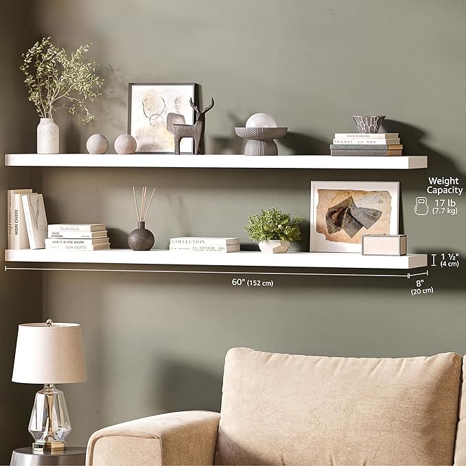 Ballucci Floating Shelves for Wall, 60" Wood Wall Shelf Set of 2, with Invisible Brackets for Bathroom, Living Room, Bedroom, Kitchen, Nursery, 8" Deep, White