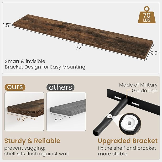 Fun Memories 72 Inch Long Floating Shelves for Wall, 72x9.3 Large Floating Shelf for Bedroom, Kitchen, Bathroom, Wall Mounted Rustic Wood Shelves with Invisible Bracket for Books, Decor, Rustic Brown