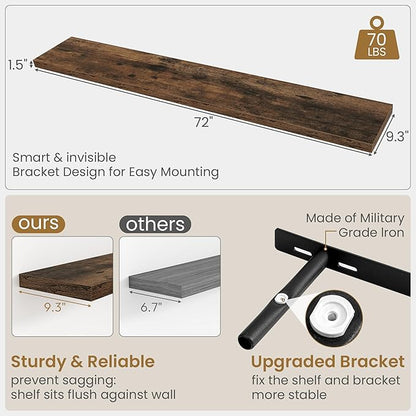 Fun Memories 72 Inch Long Floating Shelves for Wall, 72x9.3 Large Floating Shelf for Bedroom, Kitchen, Bathroom, Wall Mounted Rustic Wood Shelves with Invisible Bracket for Books, Decor, Rustic Brown