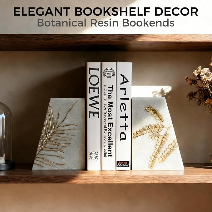Heavy Duty Book Ends for Shelves, Decorative Book Ends for Heavy Books, Resin Modern Bookends with Marble Texture & Gold Botanical Detail, Minimalist Bookends for Home Decor, Set of 2