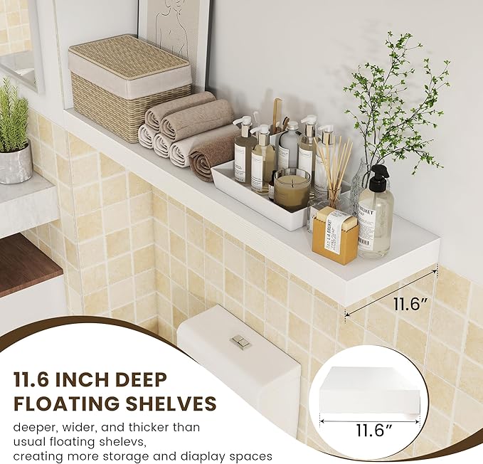 48 Inch White Floating Shelf | 12 Inch Deep Floating Shelves Set of 1 | 48