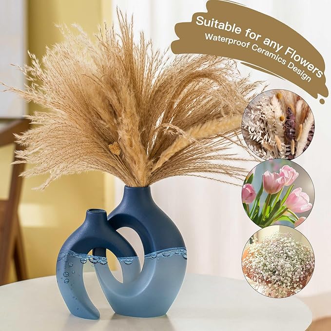 Snuggle Hollow Ceramic Vase Set of 2, Nordic Modern Boho ins Style Ceramic Aesthetic Flower Vases for Home Decor Living Room Coffee Table Decorative (Matte Navy Blue W 6.3