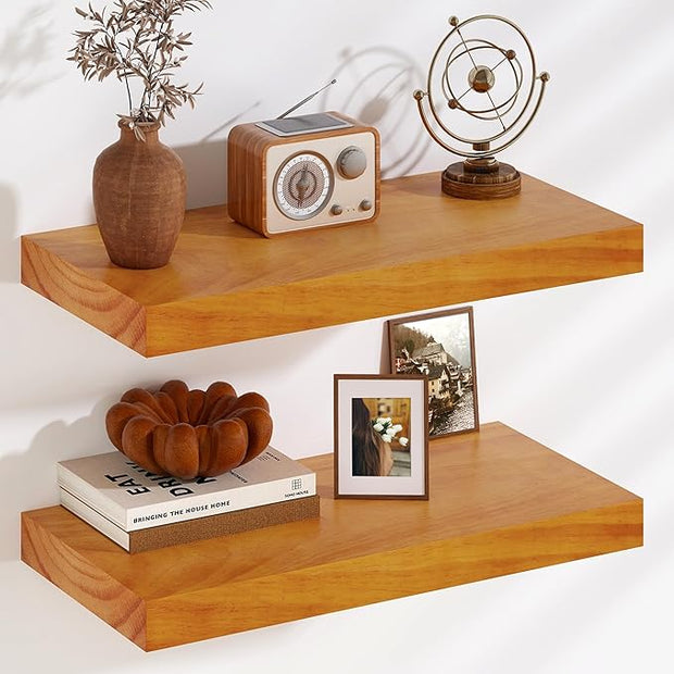 Fun Memories Floating Shelves, 9.3'' Deep Solid Pine Wood Wall Shelves for Storage, Wall Mounted Display Shelf with Invisible Heavy-Duty Metal Bracket, 24'' Width Set of 2, Honey Oak