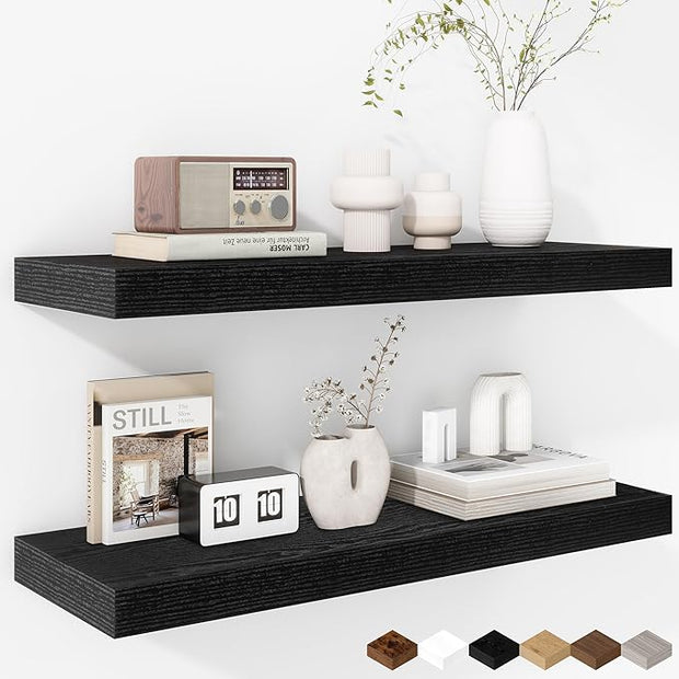 Fun Memories 24 Inch Floating Shelves - Deep Rustic Black Wooden Wall Shelves - Extra Deeper & Thicker Wall Mounted Storage Shelf for Bedroom, Kitchen, Farmhouse - 2 Pack, Rustic Black