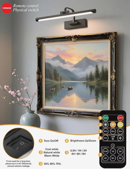 Picture Lights for Wall Battery Operated, Rechargeable Light for Picture with Remote & Timer, Black Art Light for Paintings Wireless Dimmable Cordless Gallery Frame Lights 16 Inch with 3CCT