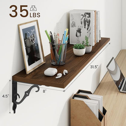RICHFOCUS Floating Shelves for Wall Decor, 31.5W x 8D Shelves Set of 2, 8" Deep Rustic Wood Floating Shelves Wall Mounted with Metal Brackets, Shelves for Living Room Bedroom Kitchen, Walnut