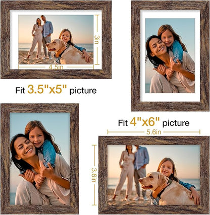 Vittanly 4x6 Picture Frames Set of 4, Display Pictures 3.5x5 with Mat or 4x6 without Mat, Small Photo Frames for Wall or Tabletop, Engineered Wood with Shatter Resistant Plexiglass, Rustic Brown
