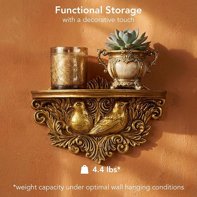 American Art Decor Vintage Ornate Resin Birds Scroll Manor Floating Wall Mounted Shelf in Antique Gold - Rococo Baroque Shabby Chic Ledge Display Shelf for Small Decor, Keys, Plants & Keepsakes