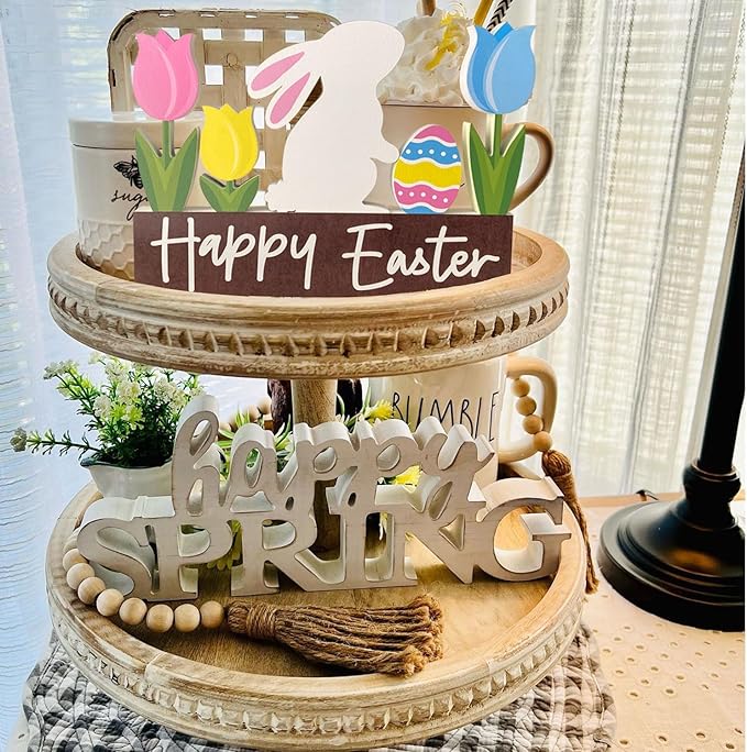 Wooden Bunny Easter Table Decorations Happy Easter Tulips Tiered Tray Decor Rustic Farmhouse Centerpiece Decor Decorative Mantle Tabletop Accent Home Office Wood Sign 6 Pcs Pink Yellow Blue White