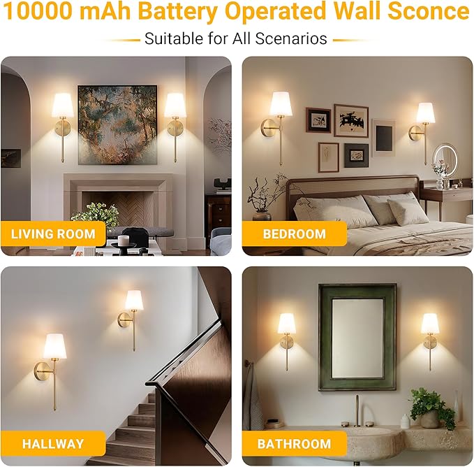 Peel and Stick Wall Sconces, Stick On Wall Sconce Set of 2, Battery Operated Wireless Wall Light, No Drill Adhesive Wall Lamp, Corn Bulb with 10000mAh Rechargeable Battery, Bedroom Wall Decor