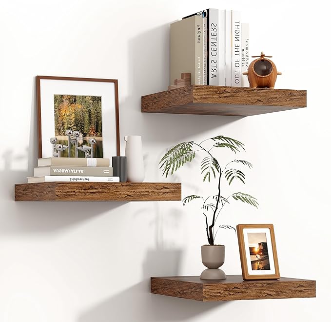 Square Floating Shelves for Wall 12"W x 12"D x 1.2"H, Engineered Wood Wall Shelves with Invisible Brackets for Living Room Bedroom Bathroom Office Kitchen Storage Decor, Rustic Brown Finish, Set of 3
