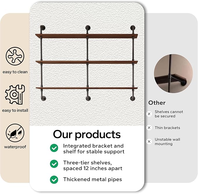 3-Tier Industrial Pipe Floating Shelf – Rustic 48 inch Wood Wall-Mounted Storage Shelf for Kitchen Office,Bathroom & Home Decor -Walnut