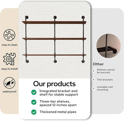 3-Tier Industrial Pipe Floating Shelf – Rustic 48 inch Wood Wall-Mounted Storage Shelf for Kitchen Office,Bathroom & Home Decor -Walnut