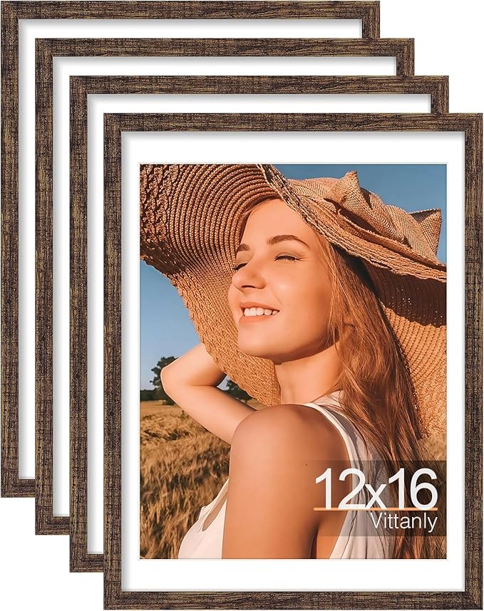 Vittanly 12x16 Picture Frames Set of 4, Display Pictures 11x14 with Mat or 12x16 without Mat, Gallery Frame for Wall Display, Engineered Wood with Shatter Resistant Plexiglass, Rustic Brown