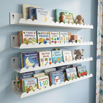 24 Inch Nursery Book Shelves Set of 4, White Metal Floating Shelves for Wall, Scalloped Cloud Book Shelf for Kids Room, Bathroom, Bedroom, Playroom Wall Decor & Storage