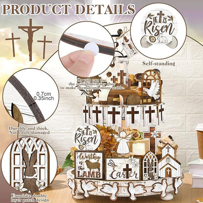 Amyhill 31 Pcs Religious Easter Tiered Tray Decor Christian Easter Decorations He is Risen Christian Wooden Signs Farmhouse Cross Lily Dove Table Decor for Home Kitchen Shelf Coffee Bar