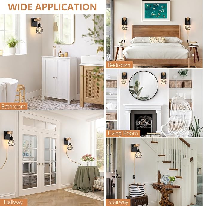 Farmhouse Wood Wall Sconces with Plug in Cord, Black Wall Sconces Set of Two, Wall Lamps that Plug into Wall Outlet, Vintage Sconce Lighting Wall Decor for Bedroom Living Room, with 5.58FT Cord