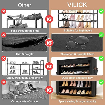 Shoe Rack with Cover Narrow Shoe Organizer with Pockets 10 Tier Tall Shoe Storage Holds 36-41 Pairs Shoes and Boots Shoe Rack for Closet Entryway Garage, Black