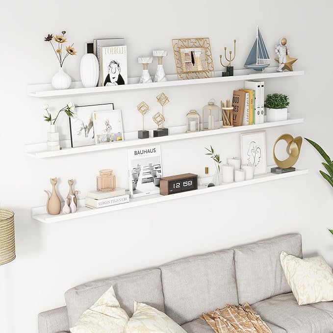Axeman 72 Inch Floating Shelves | White Picture Ledge Shelf Set of 3 | Rustic Wood Wall Shelves with Lip | 72