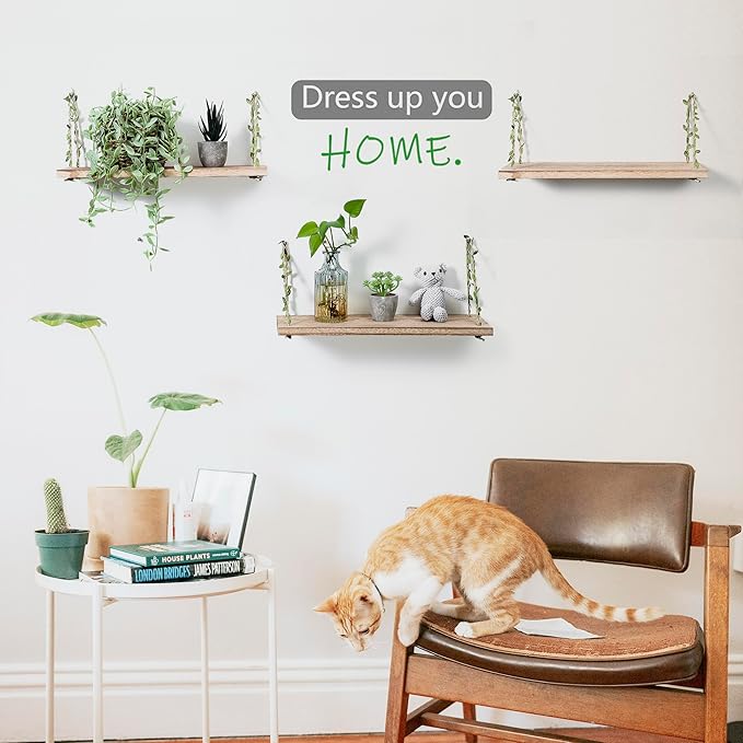 MITIME Leaf Rope Hanging Floating Shelves, Wall Swing Storage Shelf for Home Decor.17, 3-Pack (Light Color)