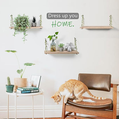 MITIME Leaf Rope Hanging Floating Shelves, Wall Swing Storage Shelf for Home Decor.17, 3-Pack (Light Color)