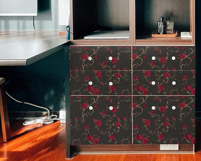FLFK Peel and Stick Gothic Wallpaper Red Rose Floral Wallpaper 16in x 128in Waterproof Removable Wall Paper for Bedroom Bathroom Cabinet Decor